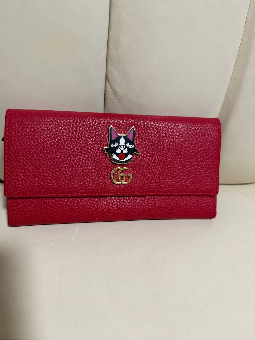 Gucci Red Leather Continental Wallet with Cat Patch and Gold Double G - Picture 9 of 10